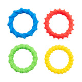 Four textured silicone fidget bracelets arranged in a grid, featuring distinct tactile patterns in bright blue, coral red, lime green, and yellow. The blue bracelet has a twisted rope design, red features pointed spikes, green displays rounded bumps, and yellow shows a wavy ridged texture.