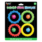 Sensory Sprouts Textured Fidget Bracelets packaging displays four colourful sensory bracelets in blue, green, coral, and yellow with different textured surfaces. Each bracelet features centre text: twist me!, spin me!, tactile play, and mindful moments. Suitable for ages 3+, promoting mindful play with room to grow.