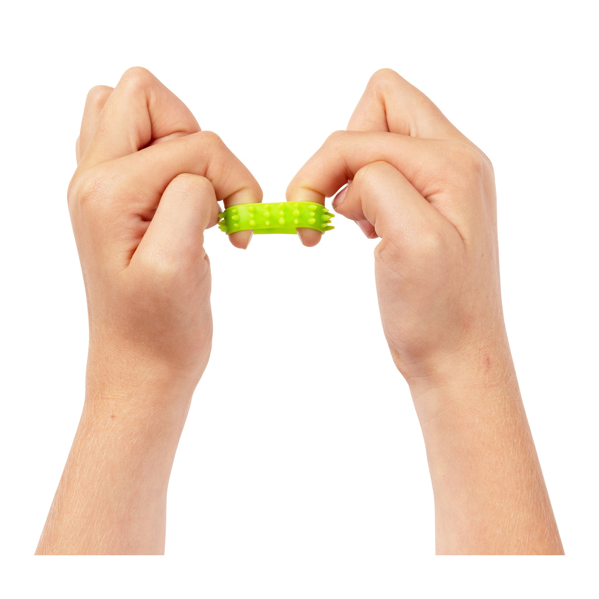Two hands stretching a bright lime green textured fidget ring, demonstrating its flexibility and tactile bumpy surface. The silicone ring features evenly spaced raised dots providing sensory stimulation. Part of the Sensory Sprouts Textured Fidget Rings set, the ring appears durable and elastic against a clean white background.