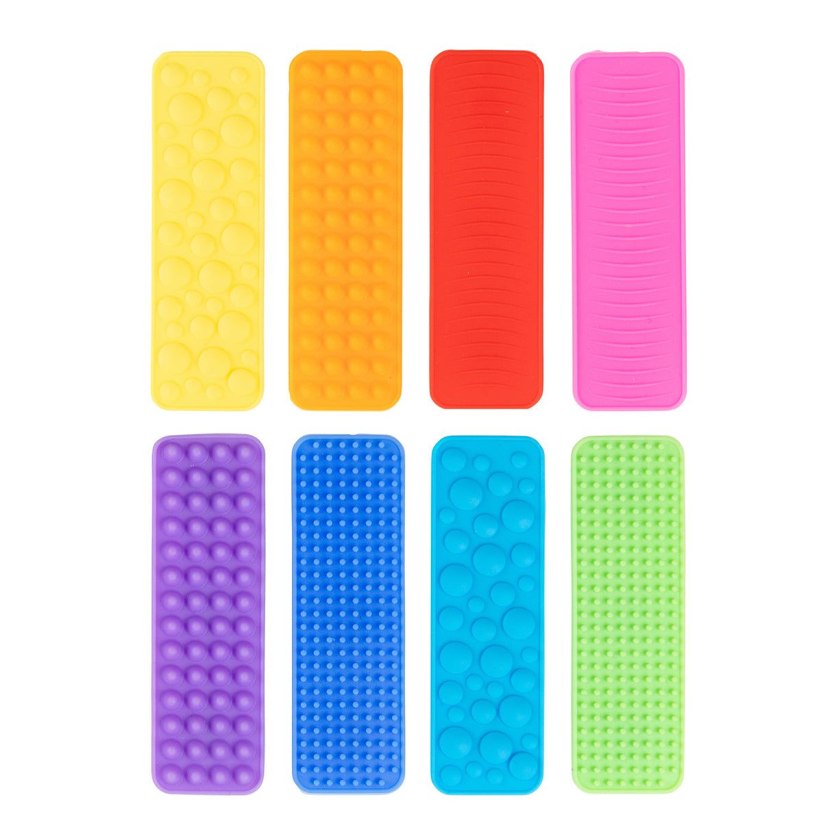 Eight colourful silicone Sensory Sprouts Textured Fidget Strips arranged in two rows, featuring vibrant yellow, orange, red, pink, purple, blue, cyan and green strips. Each strip displays different tactile patterns including circles, dots, lines and waves embossed on their surfaces for sensory exploration.