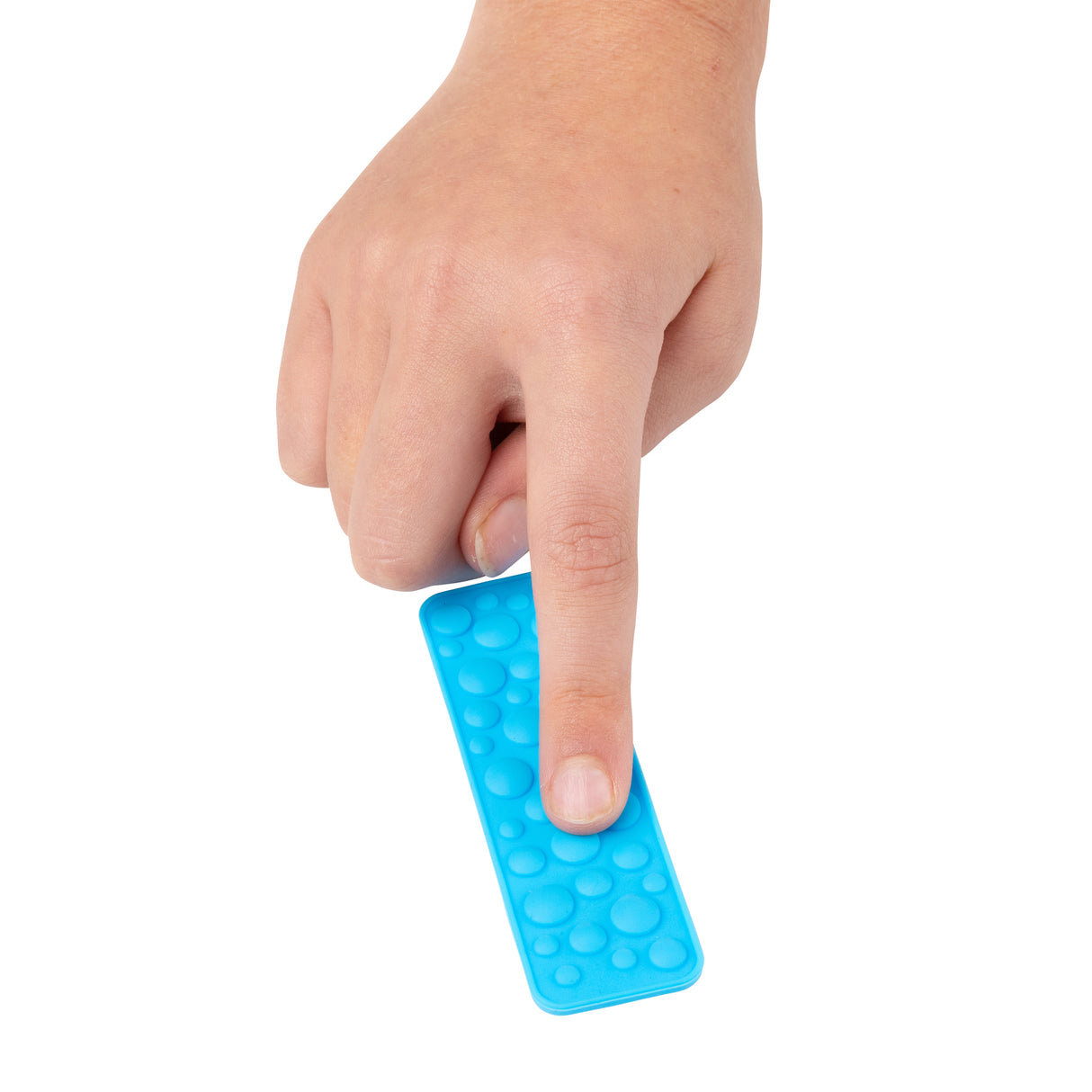 Hand pressing finger onto a bright blue textured fidget strip featuring raised circular bubble patterns. The flexible sensory tool demonstrates its tactile surface designed for calming fidget activities. The strip shows multiple sizes of raised dots creating a satisfying textured sensory experience for fingers to explore.