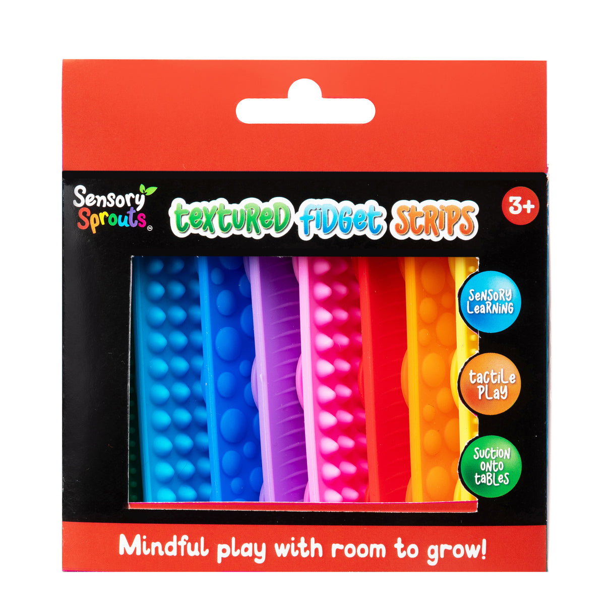 Sensory Sprouts Textured Fidget Strips packaging displaying eight colourful silicone strips in blue, purple, pink, red, orange, and yellow with various tactile surface patterns including bumps, ridges, and smooth textures. Features three circular badges noting Sensory Learning, Tactile Play, and Suction onto Cables. Text reads Mindful play with room to grow! Age recommendation 3+.