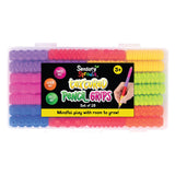 Clear storage case containing 28 Sensory Sprouts Textured Pencil Grips in vibrant colours including purple, pink, red, yellow, green, blue and orange. Each grip features different textured patterns. The black label reads "twist me!", "stack me!", "roll me!" and "Mindful play with room to grow!" with a 3+ age recommendation.