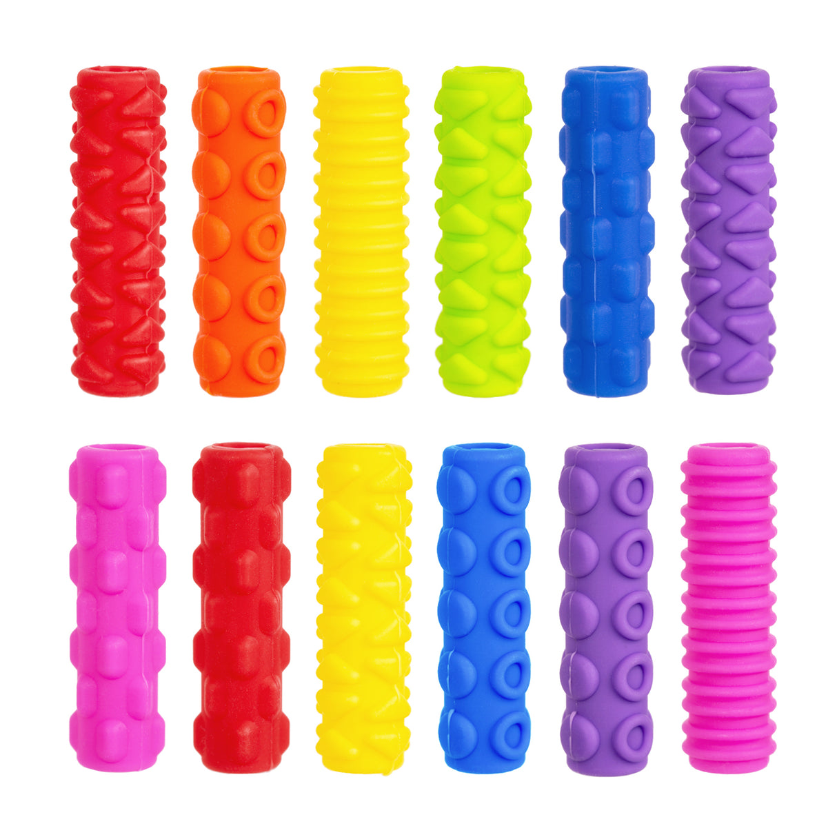 Twelve brightly coloured cylindrical pencil grips arranged in two rows, each featuring distinct tactile patterns including waves, circles, zigzags, dots, and ridges. The Sensory Sprouts grips come in vibrant red, orange, yellow, lime green, blue, purple, and pink finishes.
