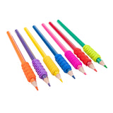 Seven coloured pencils arranged diagonally, each fitted with a matching Sensory Sprouts Textured Pencil Grip featuring ribbed rubber surfaces in orange, purple, yellow, blue, pink, red, and green. The ergonomic grips show distinct ridged patterns designed to support comfortable pencil handling and sensory feedback during writing and drawing activities.