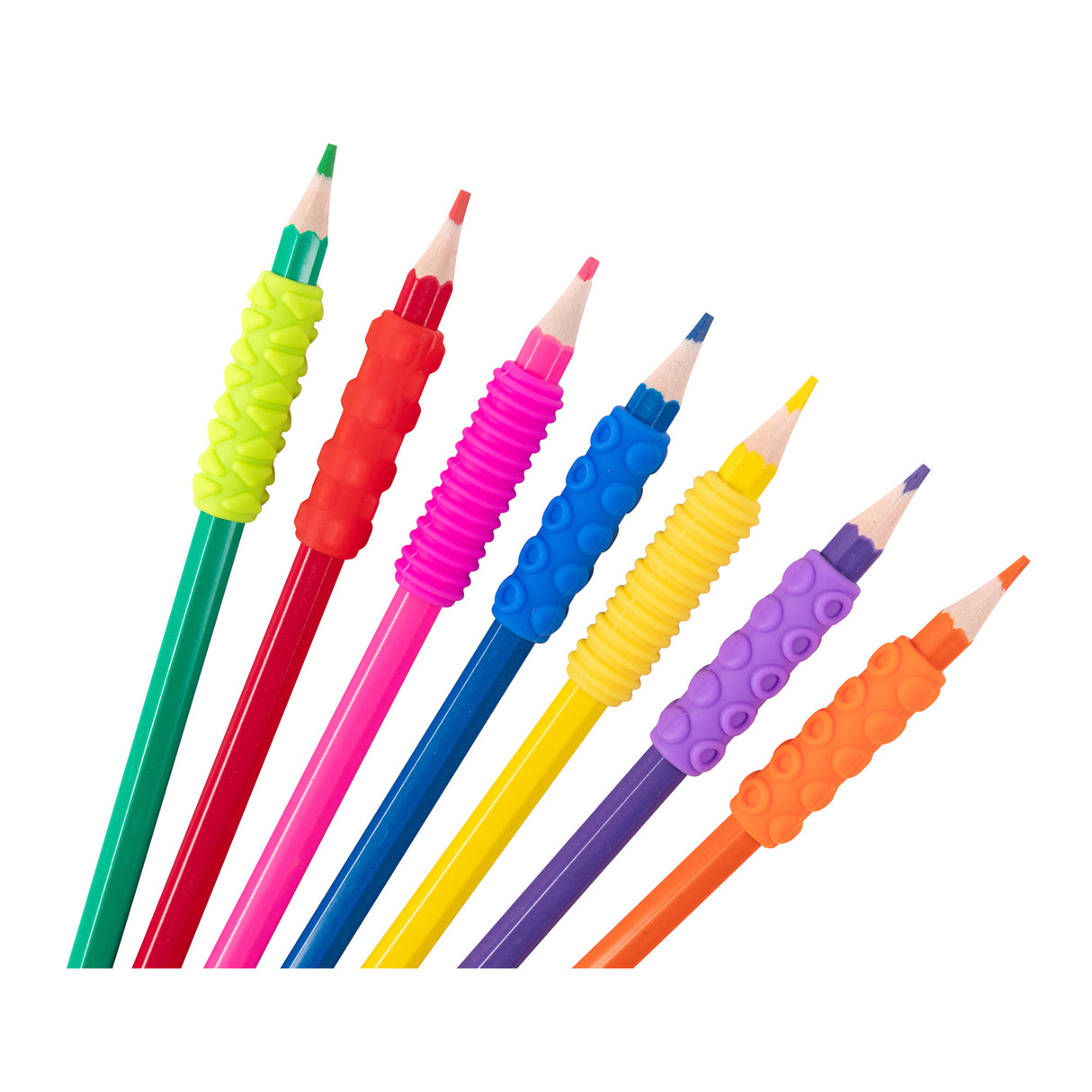 Seven coloured pencils arranged diagonally, each fitted with a different textured silicone grip in matching colours: green with ridged texture, red with bumpy surface, pink with ribbed pattern, blue with wavy design, yellow with horizontal grooves, purple with bubble texture, and orange with dotted pattern.
