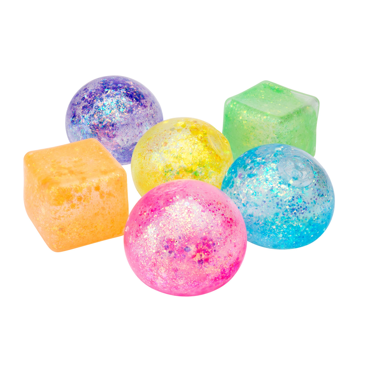 Six translucent, glitter-filled sensory shapes in vibrant colours including purple, yellow, pink, blue, orange, and green. The Sensory Sprouts Stretch & Sparkle Shapes feature both spherical and cube forms with iridescent sparkles suspended throughout, creating a mesmerising visual effect against a white background.