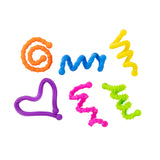 Six brightly coloured flexible strings with varied textured surfaces arranged to form different shapes including an orange spiral, blue wave, yellow zigzag, purple heart outline, pink angular pattern, and lime green spiky coil, demonstrating the bendable and creative possibilities of the tactile fidget toys.