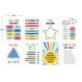 Eight colourful educational posters measuring 28cm by 40cm featuring mindfulness and wellbeing strategies for children. Designs include Calming Strategies, Star Breathing with circular breath pattern, Growth Mindset comparison chart, Triangle Breathing diagram, The Power of Yet affirmations, motivational sunburst stating A little progress each day adds up to big results, and Check In With Yourself reflection prompts.