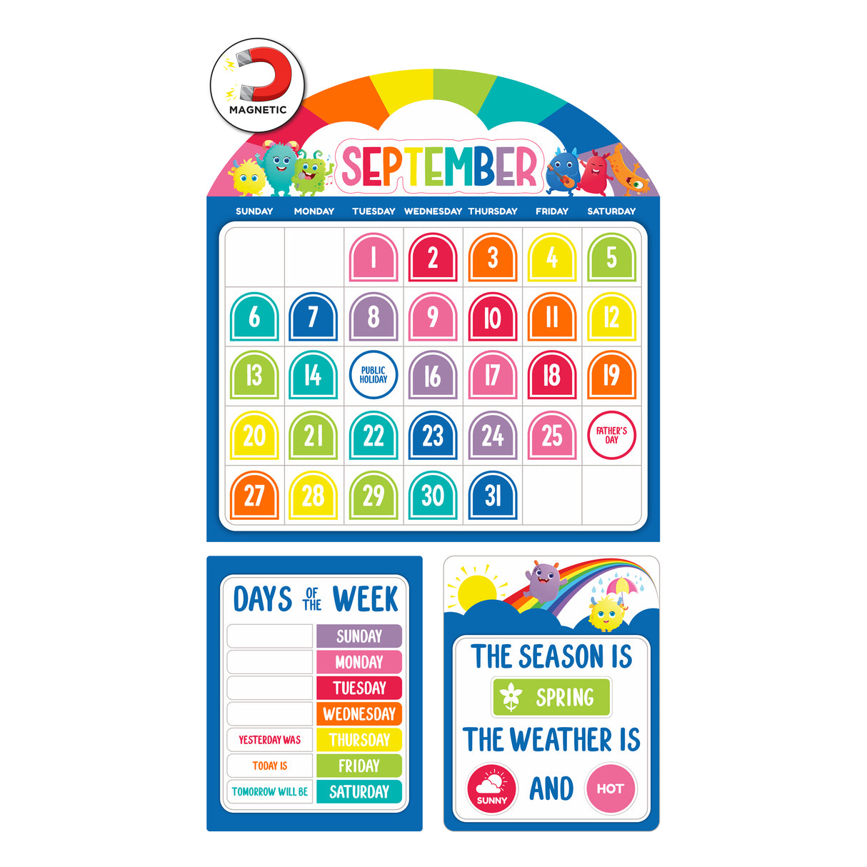 Giggle & Grow Magnetic Calendar Bulletin Board Set featuring a rainbow-arched September calendar with colourful numbered dates, smiling character illustrations, and magnetic icon indicating functionality. Below are two companion boards: DAYS OF THE WEEK with colour-coded days including YESTERDAY WAS, TODAY IS, and TOMORROW WILL BE labels, and THE SEASON IS SPRING display with rainbow, sun, and weather indicators showing SUNNY and HOT options.