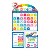 Giggle & Grow Magnetic Calendar Bulletin Board Set featuring a rainbow-arched September calendar with colourful numbered dates, smiling character illustrations, and magnetic icon indicating functionality. Below are two companion boards: DAYS OF THE WEEK with colour-coded days including YESTERDAY WAS, TODAY IS, and TOMORROW WILL BE labels, and THE SEASON IS SPRING display with rainbow, sun, and weather indicators showing SUNNY and HOT options.
