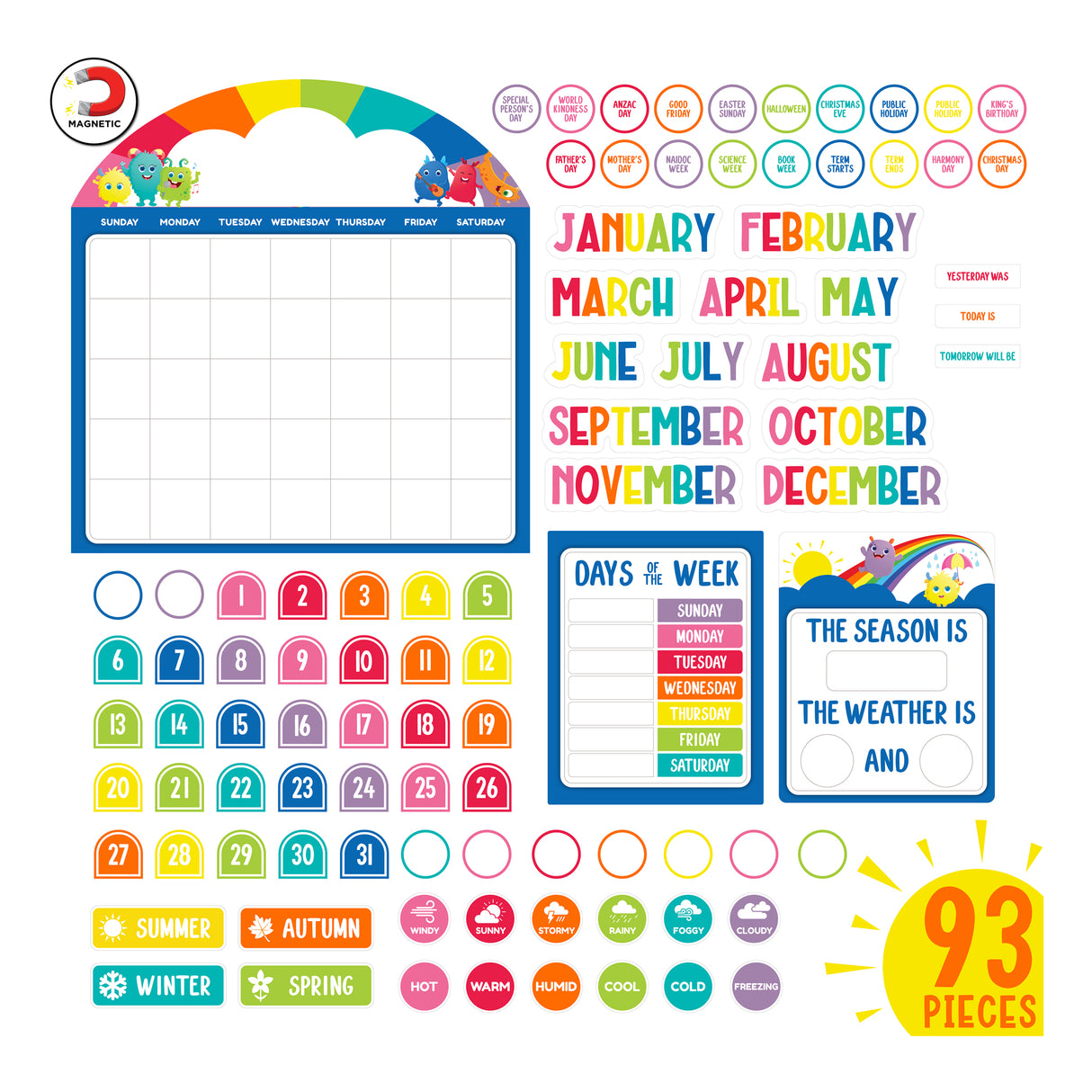 Colourful 93-piece magnetic calendar set featuring a rainbow-arched monthly grid with cute character mascots, days of the week in multicoloured letters, numbered date markers 1-31, season and weather indicators, special occasion badges including Father's Day and Christmas, plus blank circles for customisation. Magnetic icon shown in top left corner.