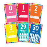 Six colourful number flashcards displaying 0 zero, 1 one, 2 two, 3 three, 29 twenty nine, and 30 thirty. Each card features bold white numerals and words on vibrant pink, red, orange, yellow, turquoise, and blue backgrounds with rainbow-coloured square borders and ten-frame dot counters illustrating quantities.