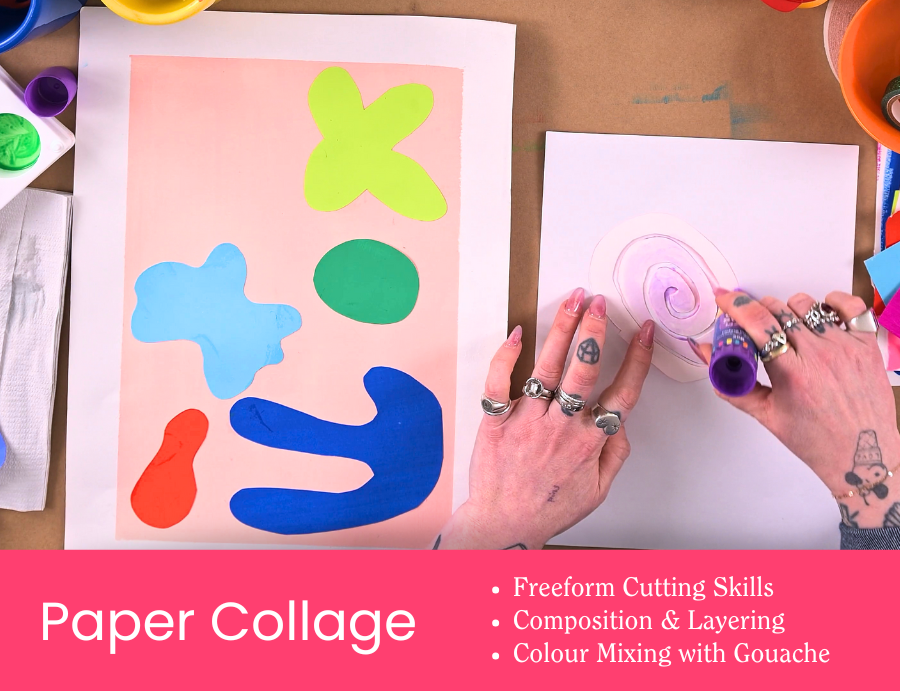 Zart Education PL The Essentials of Collage Activity 1: Paper Collage. A person works on a collage using bright, abstract paper cut-outs in green, blue, red, and light blue on a peach background. They hold a purple glue stick, creating a spiral design on white paper. Text on a pink banner reads “Paper Collage – Freeform Cutting Skills, Composition & Layering, Colour Mixing with Gouache.”