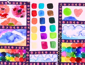 Zart Education PL Online Exploring Watercolour and Ink — A vibrant display of watercolour experiments arranged in a grid, bordered with decorative patterned tape. The page features colour swatches in blues, greens, reds, yellows, and purples, alongside expressive watercolour studies including clouds, florals, abstract blends, and simple shapes like hearts and circles.