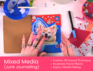Zart Education PL The Essentials of Collage Activity 4: Mixed Media (Junk Journalling). A person decorates a mixed-media artwork featuring a dog with pink bows, layered with coloured papers, foil, and sequins. Surrounding the work are craft materials including glue, tape, pens, and embellishments. Text on a pink banner reads “Mixed Media (Junk Journalling) – Combine All Learned Techniques, Incorporate Found Objects, Explore Mindful Making.”