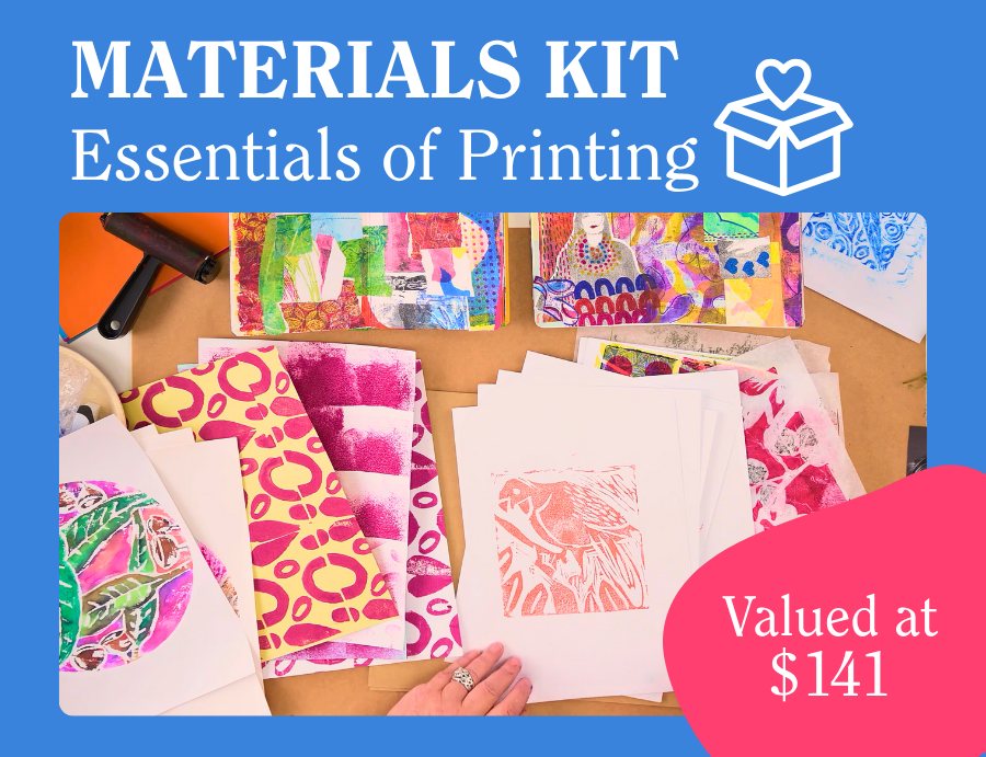 Zart Education PL Materials Kit Product The Essentials of Printing - Promotional image featuring a flat lay of colourful printmaking samples including foam prints, block prints, gel plate textures and collage artworks arranged on a kraft paper workspace. A roller and various printed sheets are visible, with a hand holding finished prints. The top section displays the text “MATERIALS KIT – Essentials of Printing” with a gift-box icon, and a pink badge in the lower right corner reads “Valued at $141.”