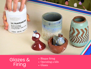 Zart Education Professional Learning The Essentials of Clay image featuring glazed ceramic vessels and small sculptural pieces in blue, green, red and earthy tones beside a container of glaze. Pink banner text reads: “Glazes & Firing” with “Bisque firing”, “Operating a kiln”, and “Glazes”.