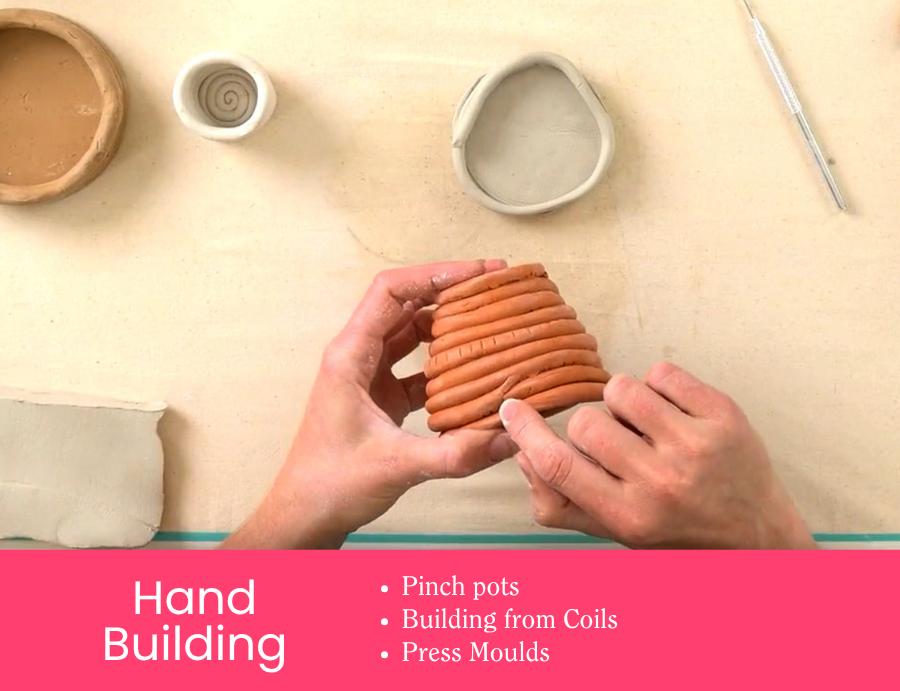 Zart Education Professional Learning The Essentials of Clay image showing hands shaping stacked terracotta clay coils into a vessel. Nearby are small clay bowls and tools on a light work surface. Pink banner text reads: “Hand Building” with “Pinch pots”, “Building from Coils”, and “Press Moulds”.
