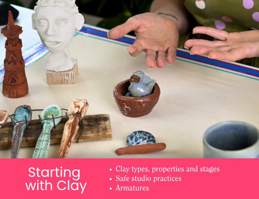 Zart Education Professional Learning The Essentials of Clay image displaying assorted ceramic works including a sculpted head, tower form, textured utensils and glazed vessel. Hands gesture above the tabletop display. Pink banner text reads: “Starting with Clay” with “Clay types, properties and stages”, “Safe studio practices”, and “Armatures”.