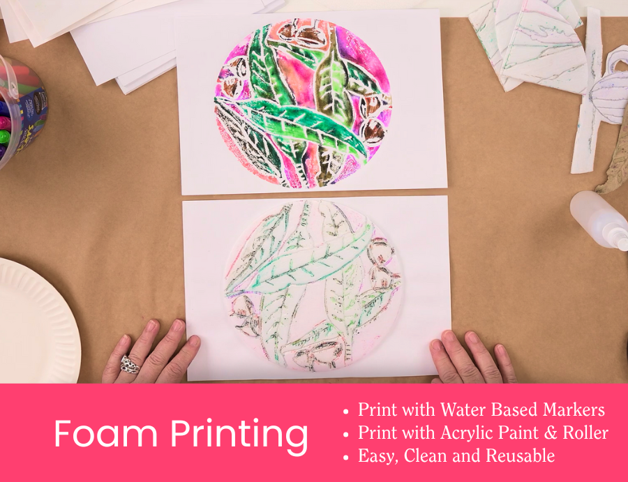 Zart Education PL The Essentials of Printing – A top-down view of a foam printing demonstration showing two circular leaf-pattern prints created with water-based markers and foam templates. Hands rest near the artworks on a kraft paper workspace, surrounded by tools and cut foam shapes. A pink banner along the bottom includes the text: “Foam Printing – Print with Water Based Markers · Print with Acrylic Paint & Roller · Easy, Clean and Reusable.”
