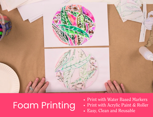 Zart Education PL The Essentials of Printing – A top-down view of a foam printing demonstration showing two circular leaf-pattern prints created with water-based markers and foam templates. Hands rest near the artworks on a kraft paper workspace, surrounded by tools and cut foam shapes. A pink banner along the bottom includes the text: “Foam Printing – Print with Water Based Markers · Print with Acrylic Paint & Roller · Easy, Clean and Reusable.”