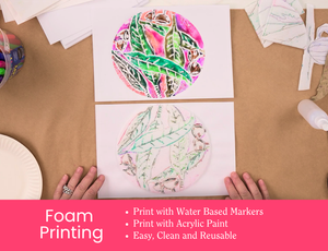 Zart Professional Learning Workshop value point tile for Essentials of Printing: Foam Printing. Hands hold two foam-printed circular botanical artworks in vibrant pink and green. Bullet points read: Print with Water Based Markers; Print with Acrylic Paint; Easy, Clean and Reusable.