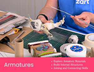 Workshop tile showing hands holding a small armature figure made from paper and masking tape, with wire loops at the ends. A long piece of wire is held in the other hand above a cutting mat workspace with tools and materials. Pink banner text reads “Armatures” with dot points: “Explore Armature Materials”, “Build Internal Structures”, “Joining and Connecting Skills”. Credit: Zart Education PL The Essentials of Modelling.
