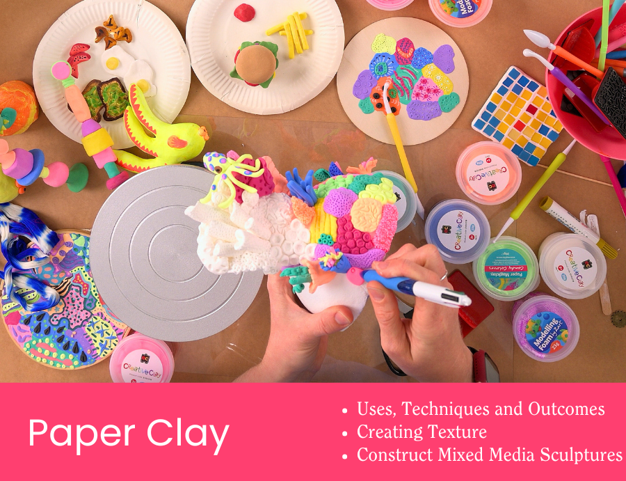 Workshop tile showing a tabletop covered with colourful paper clay creations on paper plates and scattered modelling tools. A person uses a tool to add detail to a textured sculptural form. Pink banner text reads “Paper Clay” with dot points: “Uses, Techniques and Outcomes”, “Creating Texture”, “Construct Mixed Media Sculptures”. Credit: Zart Education PL The Essentials of Modelling.