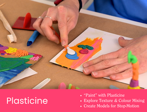 Workshop tile showing hands using a white sculpting tool to spread blue plasticine onto a card surface with orange and pink colour underneath. Small plasticine shapes sit on the card and nearby tools are scattered on the table. Pink banner text reads “Plasticine” with dot points: ““Paint” with Plasticine”, “Explore Texture & Colour Mixing”, “Create Models for Stop-Motion”. Credit: Zart Education PL The Essentials of Modelling.