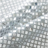Close-up of silver mirror pattern felt sheets showing reflective square mosaic tiles arranged in a grid on a grey glittery base. The metallic surface creates a disco ball effect with light catching the geometric pattern. Multiple sheets are layered, displaying the shimmering texture of the decorative craft material.