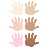 Six felt hand cutouts displayed in pairs, representing diverse skin tones from pale cream to dark brown, including beige, peachy pink, tan, and medium brown. Each hand shape shows five fingers spread wide with visible textured felt surface.