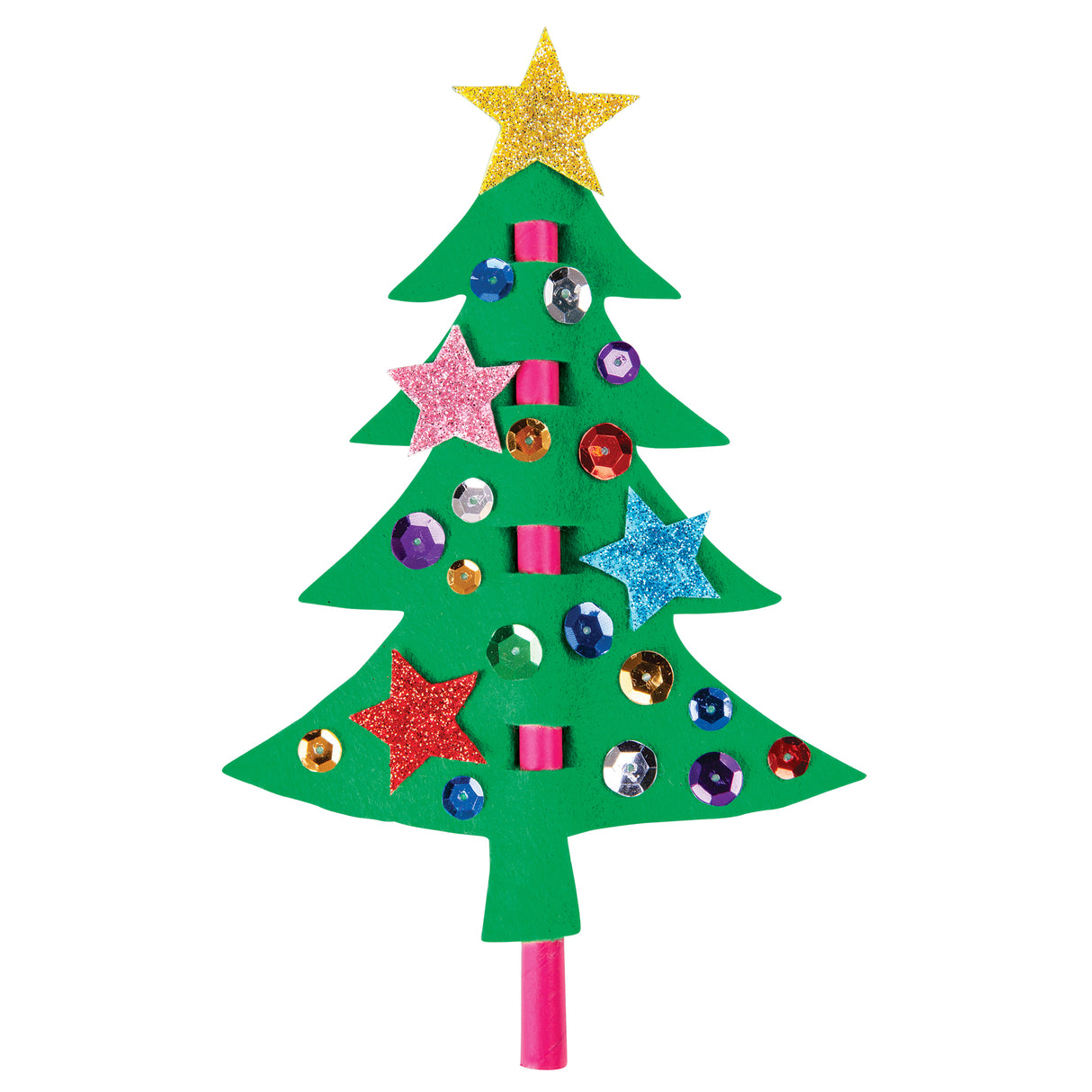 A decorated Felt Christmas Tree sample, in bright green with a glittery gold star topper. Sequins in blue, purple, red, gold and silver dot the branches, alongside pink, blue and red glitter foam stars. A hot pink cardboard tube forms the trunk and handle.