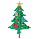 A decorated Felt Christmas Tree sample, in bright green with a glittery gold star topper. Sequins in blue, purple, red, gold and silver dot the branches, alongside pink, blue and red glitter foam stars. A hot pink cardboard tube forms the trunk and handle.