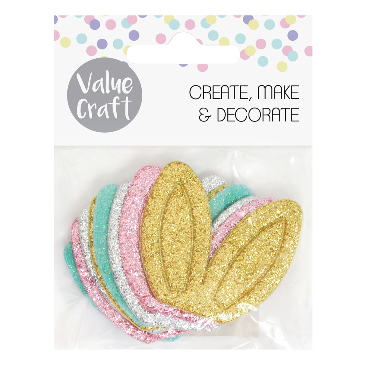 Value Craft Glitter Felt Bunny Ears Pack of 8 in pastel colours including gold, pink, silver, and aqua. Packaging features colourful polka dots and text CREATE, MAKE & DECORATE. Eight sparkly felt bunny ear shapes arranged in a fan display.