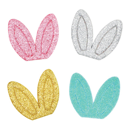 Four pairs of sparkly glitter felt bunny ears in pink, silver, gold and turquoise. Each pair features two elongated oval-shaped ears with embossed vein details, covered in fine glitter for a shimmering finish. The Glitter Felt Bunny Ears are displayed on a white background.