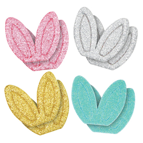 Four pairs of sparkly glitter felt bunny ears in pink, silver, gold, and turquoise. Each ear features embossed leaf vein details and a dimensional curved shape. The felt has a fine glitter coating that catches the light across all four colours.