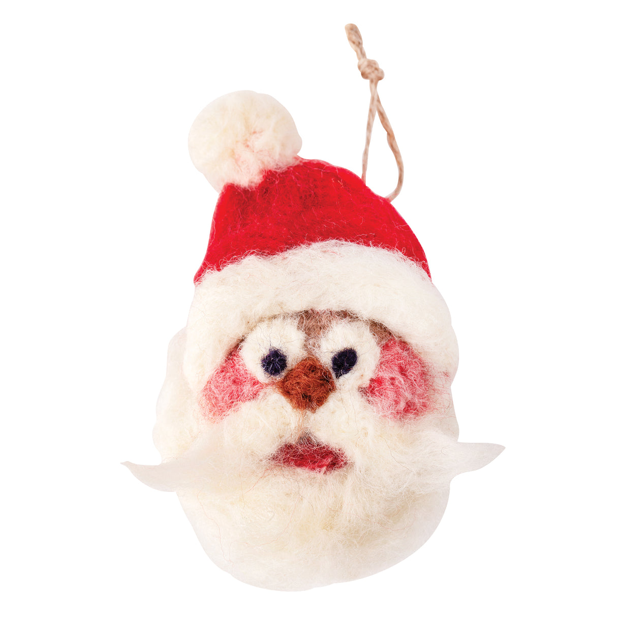 A felted Santa head made using Zart Dry Felting Balls, with a fluffy white beard, brows and pom-pom hat trim. Rosy pink cheeks, a small brown nose and dark stitched eyes sit beneath a red felted hat. A twine loop at the back allows it to hang.