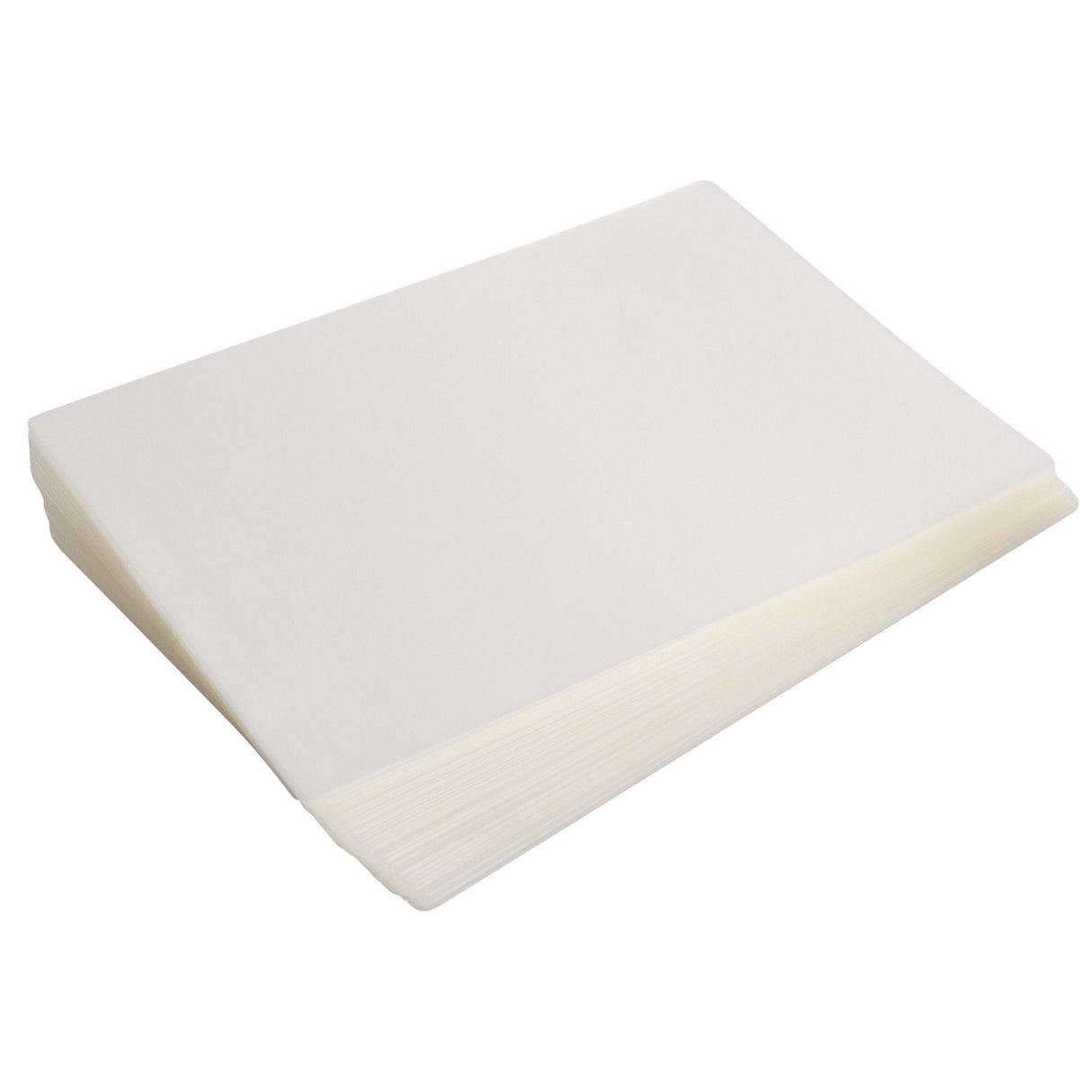A neatly stacked pile of Zart Laminating Pouches sits against a pale grey background. The translucent frosted sheets display smooth semi-matte surfaces, softly rounded corners, and layered edges that create subtle tonal variation through the stacked plastic material.
