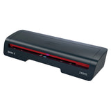 GBC Series 2 240HS laminator in charcoal grey with red accents. Compact desktop laminating machine featuring a sleek rectangular design with curved edges, paper feed slot, control buttons, and model number displayed on the front panel.