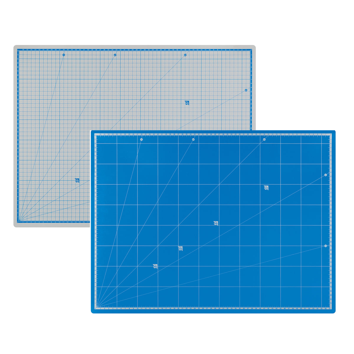 Self Healing Double Sided Cutting Mat in A2 size, shown from both sides — one grey with blue grid lines, the other blue with white grid lines. Both feature a printed measurement grid, numbered rulers along the edges and diagonal angle guides at 15, 30, 45, 60 and 75 degrees.
