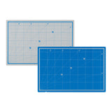Self Healing Double Sided Cutting Mat in A3 size, shown from both sides — one grey with blue grid lines, the other blue with white grid lines. Both feature a printed measurement grid, numbered rulers along the edges and diagonal angle guides at 15, 30, 45, 60 and 75 degrees.