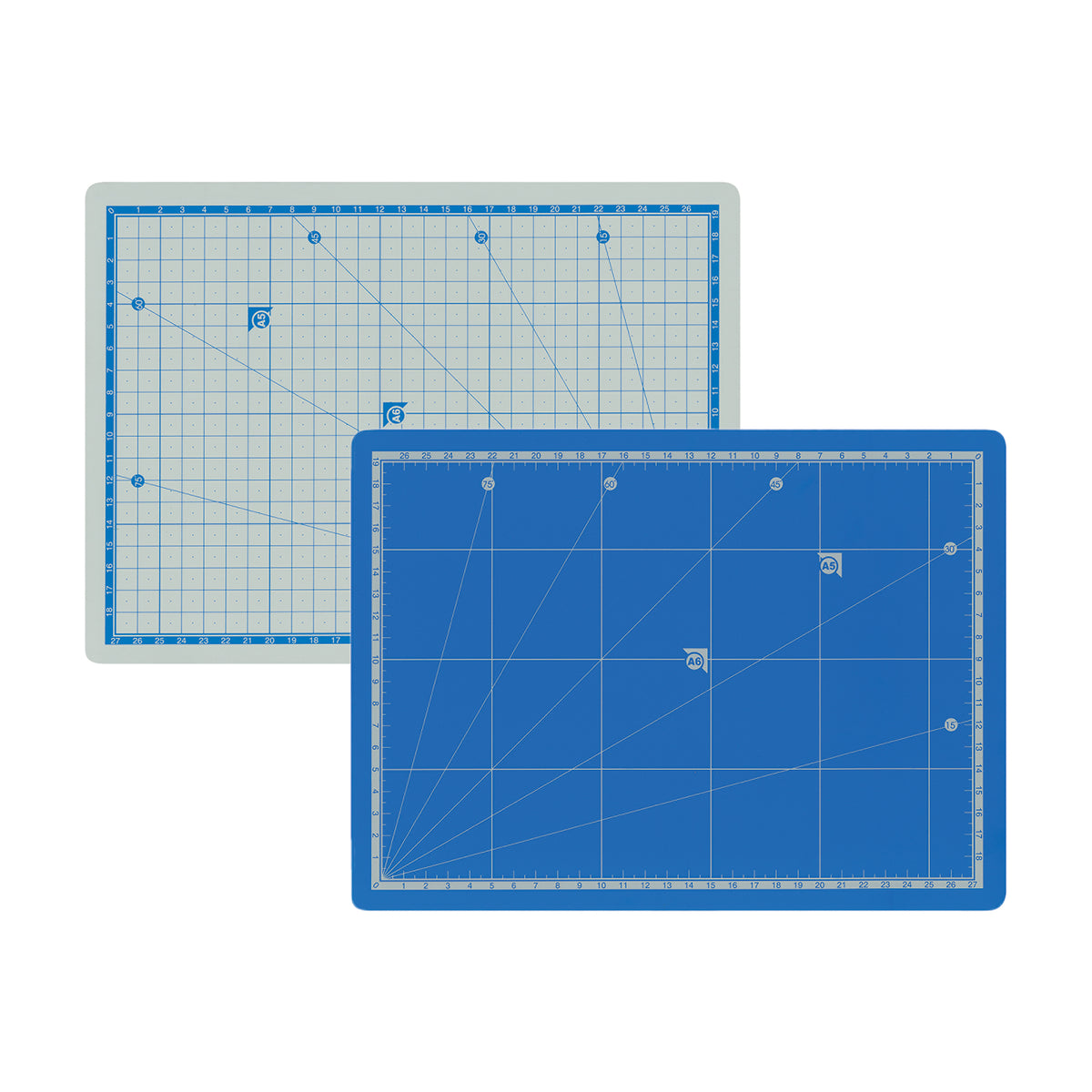 Self Healing Double Sided Cutting Mat in A4 size, shown from both sides — one grey with blue grid lines, the other blue with white grid lines. Both feature a printed measurement grid, numbered rulers along the edges and diagonal angle guides at 15, 30, 45, 60 and 75 degrees.