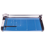 Ledah professional rotary paper trimmer with a blue metal cutting base and chrome track runner. A grey rotary cutting head sits at the left rail, above printed A6 to A2 size guides and mm and inch scales. A black adjustable paper guide crosses the base.