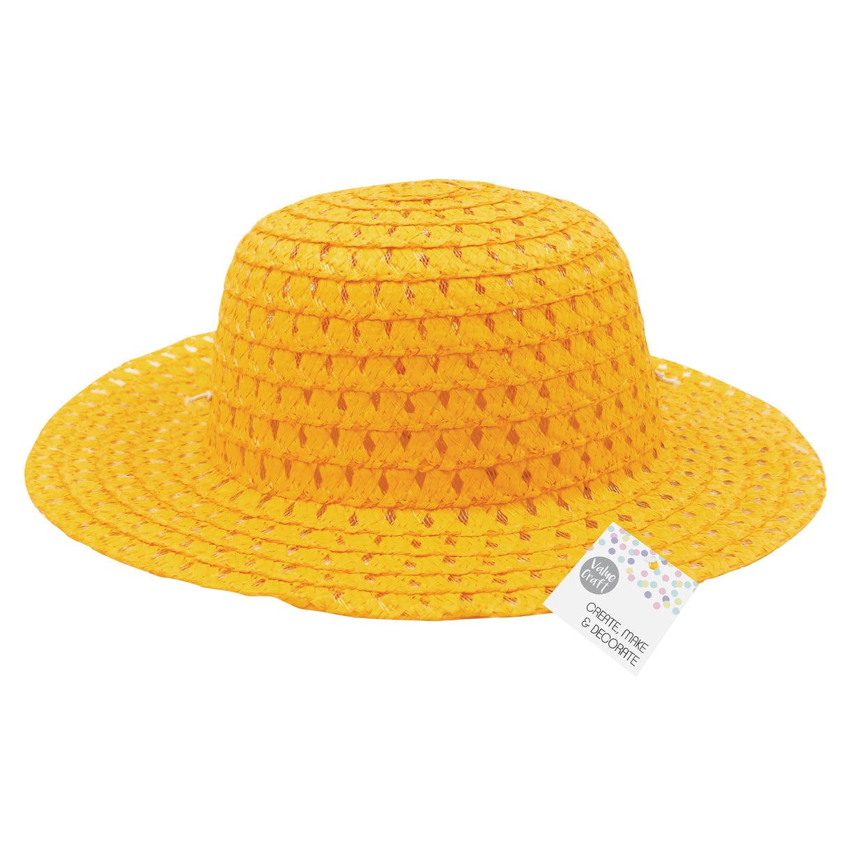 Bright yellow woven straw hat with wide brim and crown, featuring an open weave pattern with red thread accents throughout. White tag attached reads "MAKE CRAFT" and "CREATE, MAKE & DECORATE". The 29cm Easter Bonnet provides an ideal base for creative decoration and craft projects.