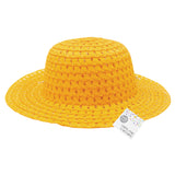 Bright yellow woven straw hat with wide brim and crown, featuring an open weave pattern with red thread accents throughout. White tag attached reads "MAKE CRAFT" and "CREATE, MAKE & DECORATE". The 29cm Easter Bonnet provides an ideal base for creative decoration and craft projects.