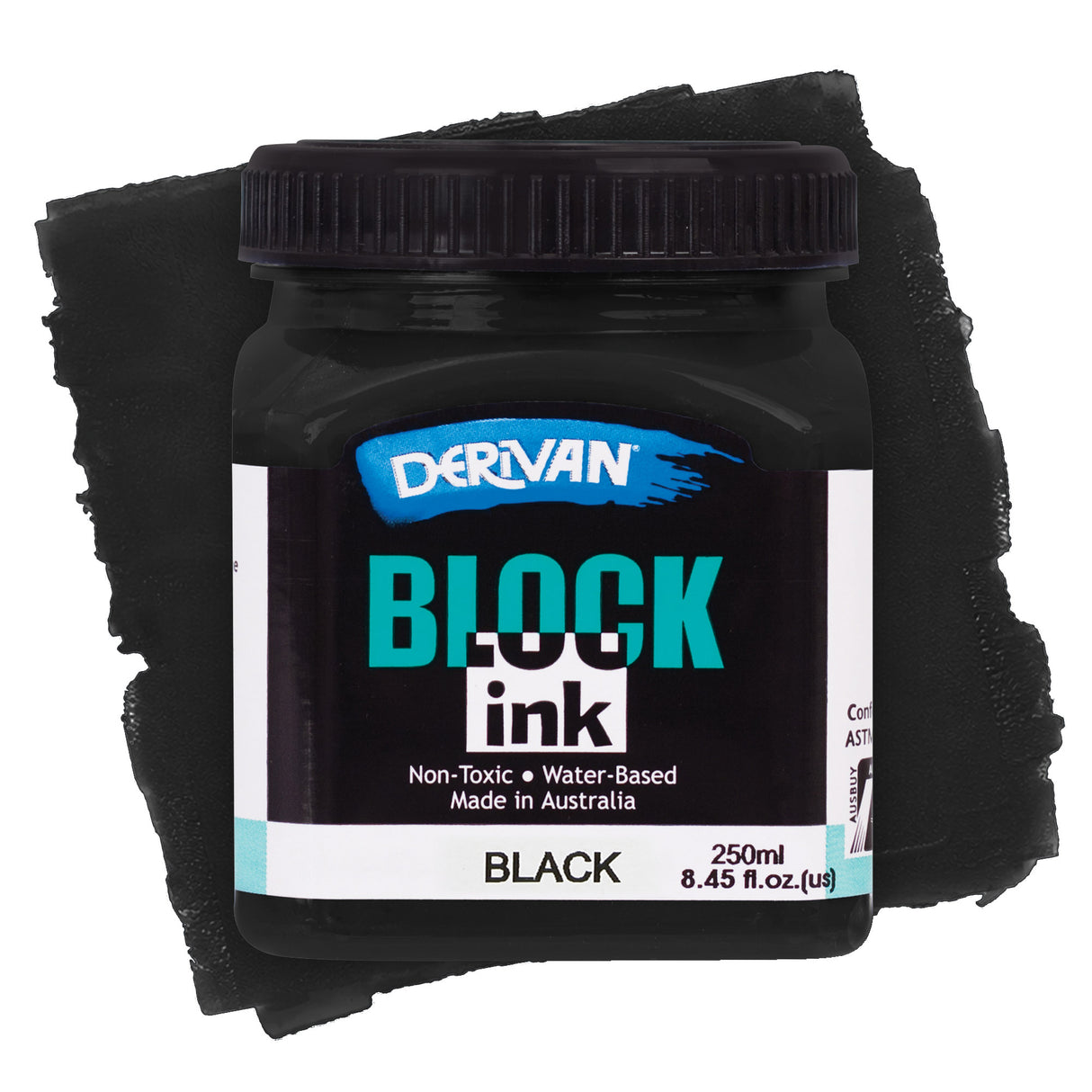 Derivan Block Ink in Black. A black plastic jar with a black lid sits against a dense black paint swatch background. The black label features the Derivan logo, "BLOCK ink" in teal and white, and "Non-Toxic • Water-Based • Made in Australia." Labelled Black, 250ml.