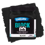 Derivan Block Ink in Black. A black plastic jar with a black lid sits against a dense black paint swatch background. The black label features the Derivan logo, "BLOCK ink" in teal and white, and "Non-Toxic • Water-Based • Made in Australia." Labelled Black, 250ml.