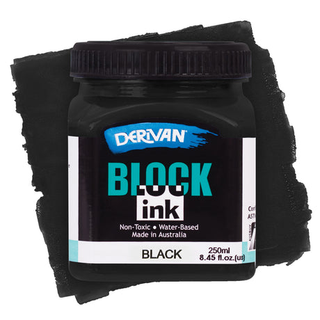 Derivan Block Ink in Black. A black plastic jar with a black lid sits against a dense black paint swatch background. The black label features the Derivan logo, "BLOCK ink" in teal and white, and "Non-Toxic • Water-Based • Made in Australia." Labelled Black, 250ml.