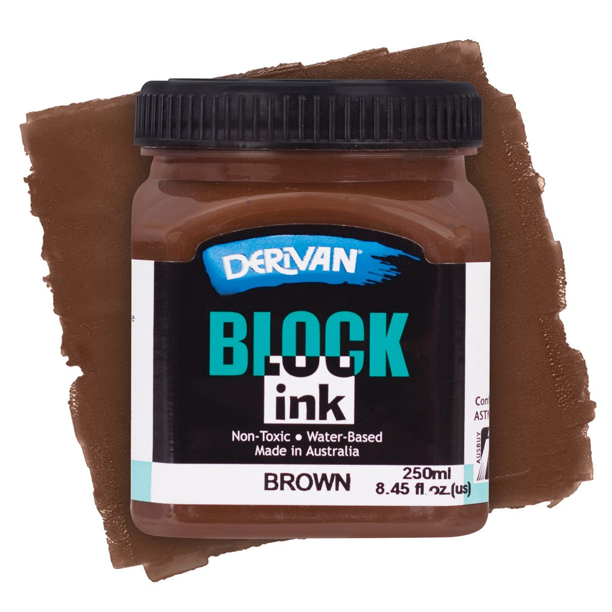 Derivan Block Ink in Brown. A warm brown plastic jar with a black lid sits against a rich brown paint swatch background. The black label features the Derivan logo, "BLOCK ink" in teal and white, and "Non-Toxic • Water-Based • Made in Australia." Labelled Brown, 250ml.